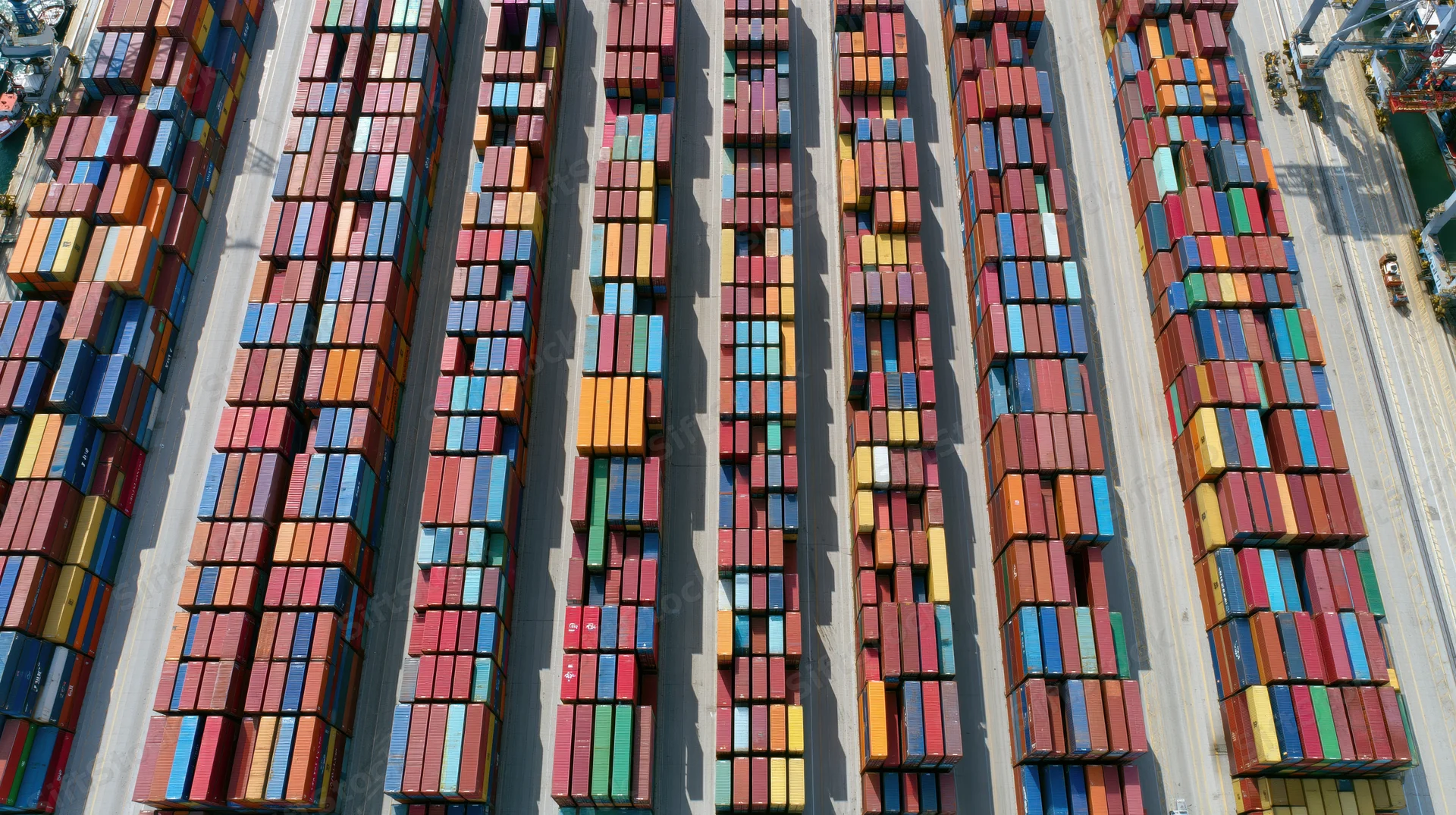 Aerial top-down view of stacked shipping containers in a commercial port