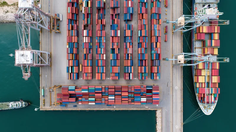 Aerial top-down view of a busy shipping port with stacked cargo containers and cranes at dockside