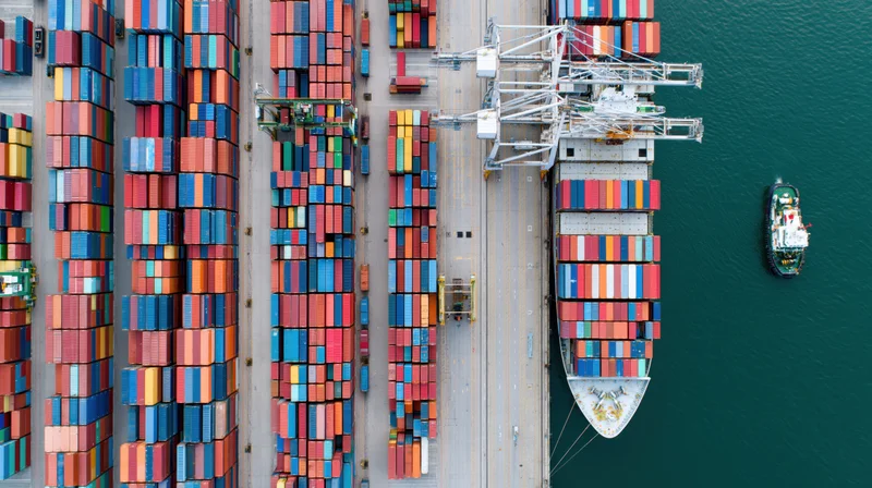 Aerial top-down view of a busy commercial shipping port with stacked containers, cranes, and a cargo ship docked at the terminal