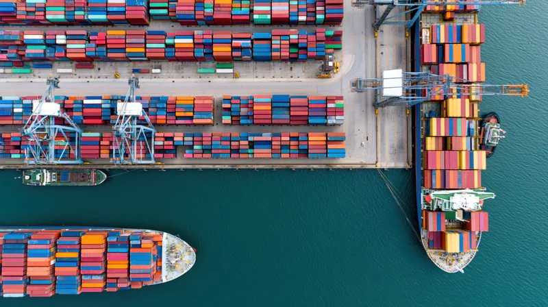 Aerial top-down view of container ships docked at a busy commercial port with cranes and stacked cargo containers