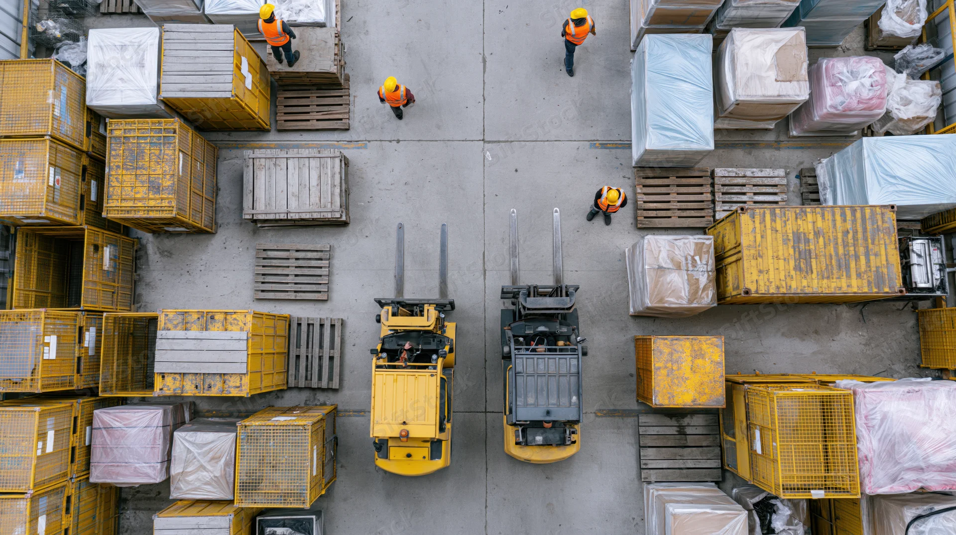 Aerial top-down view of warehouse yard with forklifts and workers moving pallets and crates
