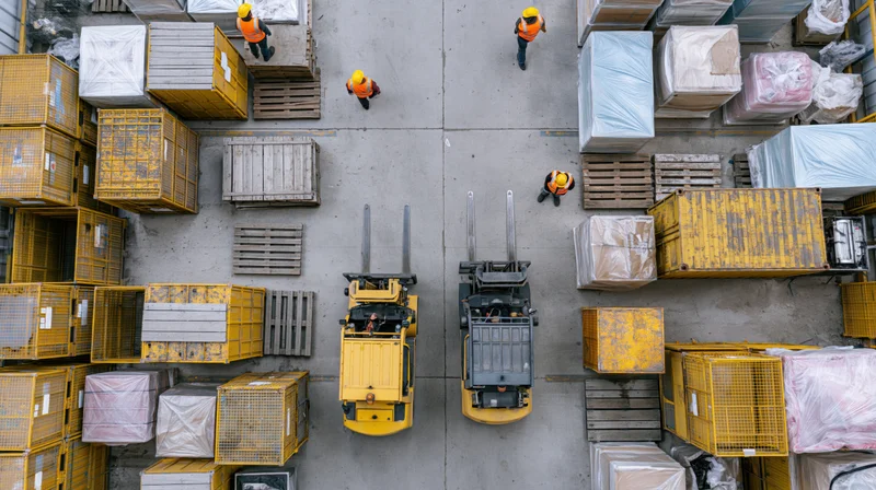 Aerial top-down view of warehouse yard with forklifts and workers moving pallets and crates