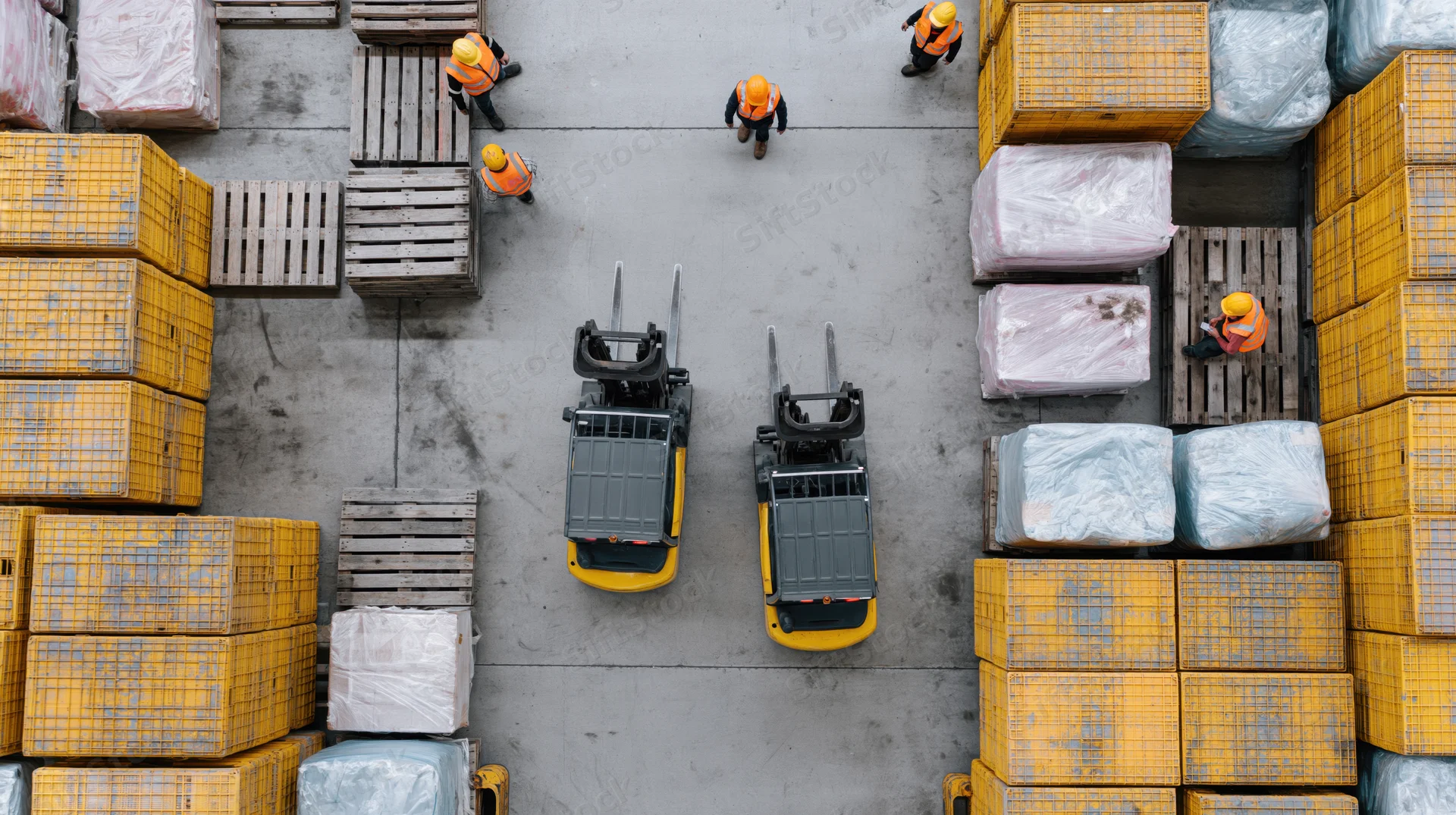 Aerial top-down view of warehouse yard with workers and forklifts among stacked pallets and crates