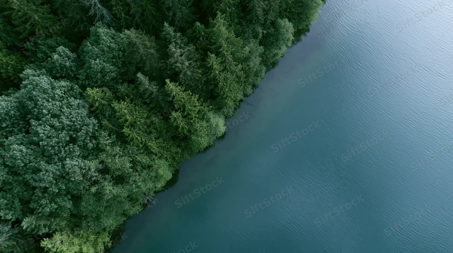 Aerial top-down view of calm lake meeting dense forest shoreline