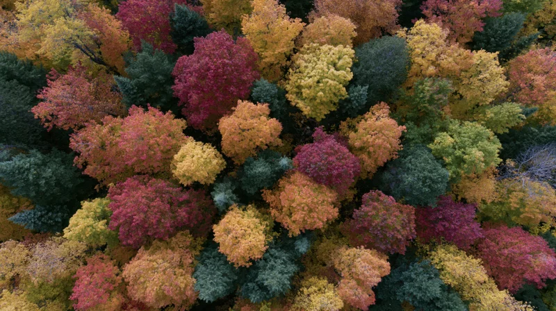 Aerial top-down view of dense mixed forest canopy in peak autumn foliage
