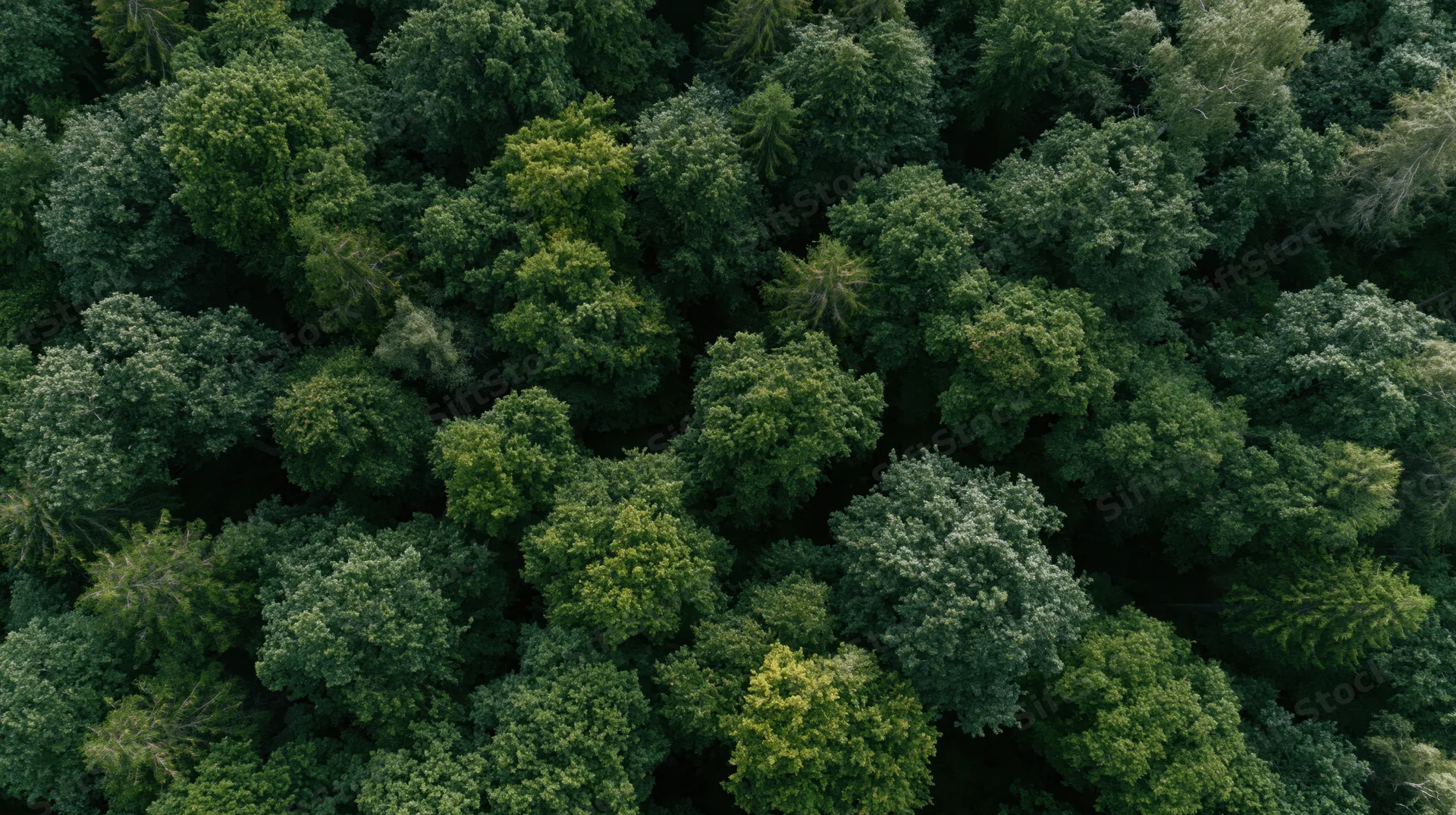 Aerial top-down view of dense temperate forest canopy filled with green trees and foliage