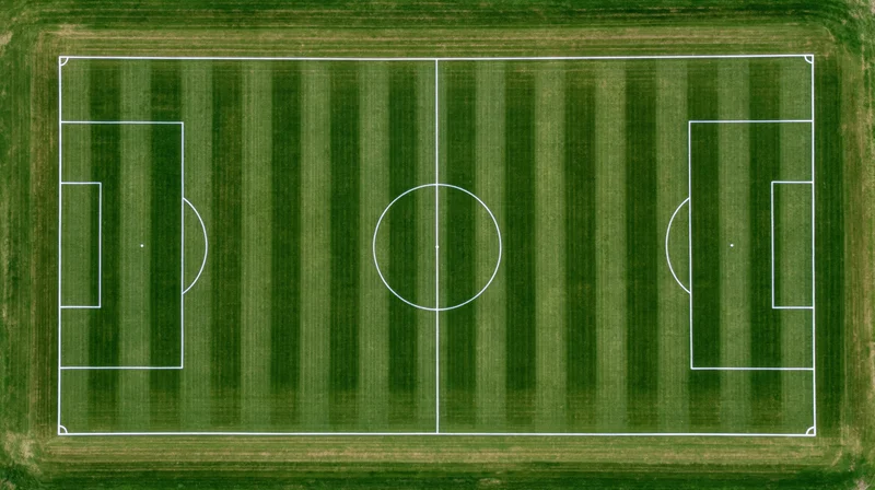 Aerial top-down view of a striped grass soccer field with white markings