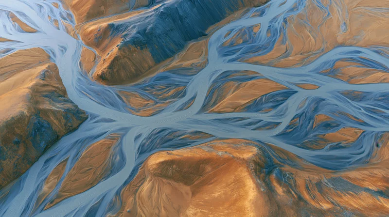 Aerial top-down view of a glacial braided river delta in Iceland