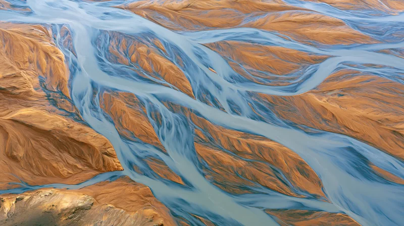 Aerial top-down view of a glacial braided river delta in Iceland