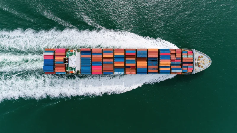 Aerial top-down view of a large cargo container ship moving across the ocean