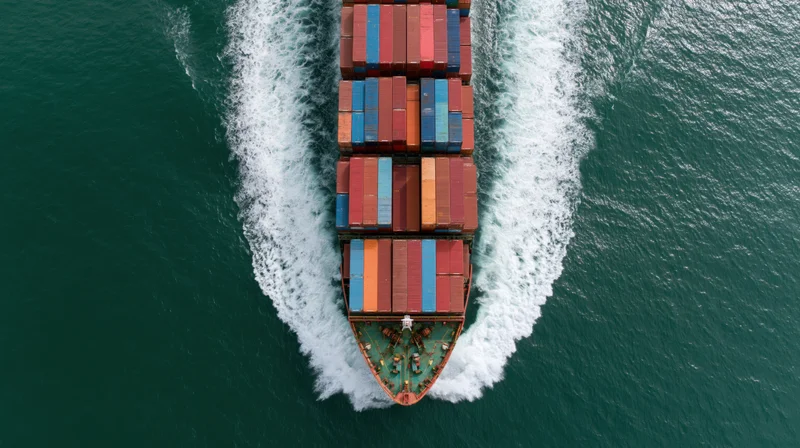 Aerial top-down view of a large cargo container ship moving through the ocean leaving a white wake