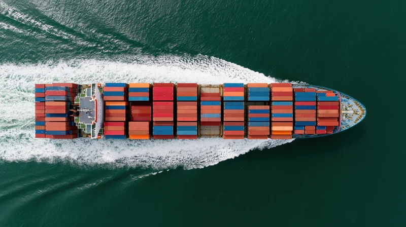 Large cargo container ship moving across ocean leaving white wake