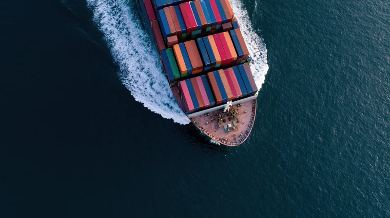 Aerial top-down view of a large cargo container ship moving through the ocean leaving a white wake