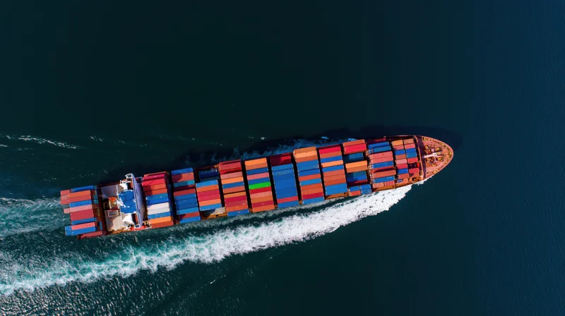 Large cargo container ship moving across ocean from aerial top-down view