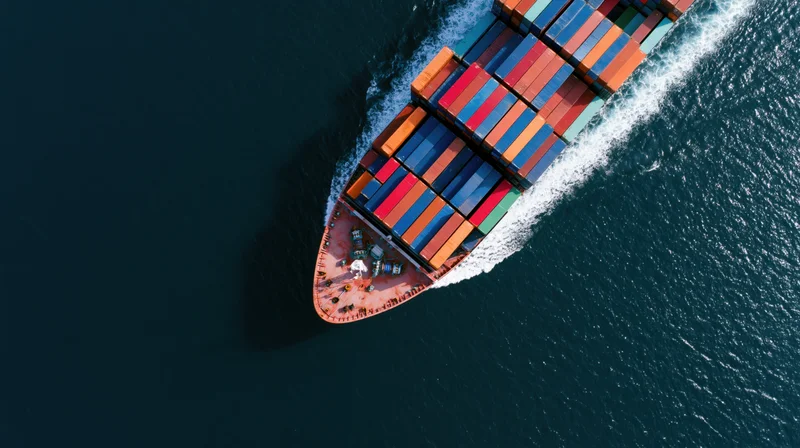 Aerial top-down view of a large cargo container ship moving through the ocean leaving a white wake