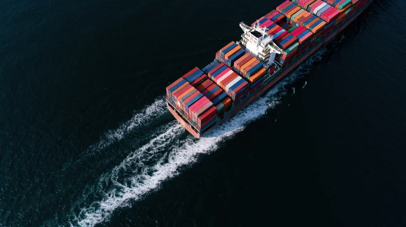 Large cargo container ship moving across dark ocean leaving white wake