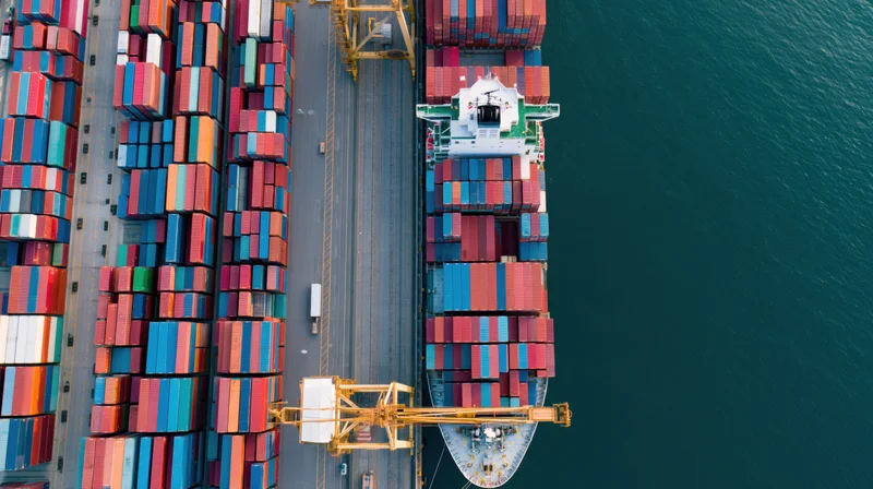 Aerial top-down view of a container ship docked at a port with stacked cargo containers and cranes nearby