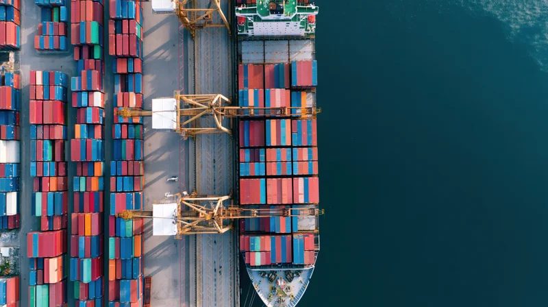 Aerial top-down view of a container ship docked at a port with cranes loading cargo containers
