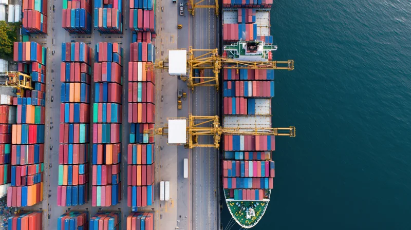 Aerial top-down view of container ship docked at port with cranes loading cargo containers