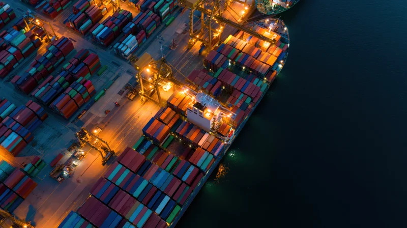 Large container ship docked at port terminal at night with cranes loading cargo under artificial lights
