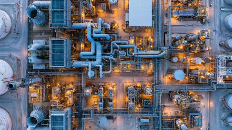 Aerial top-down view of a large industrial petrochemical plant