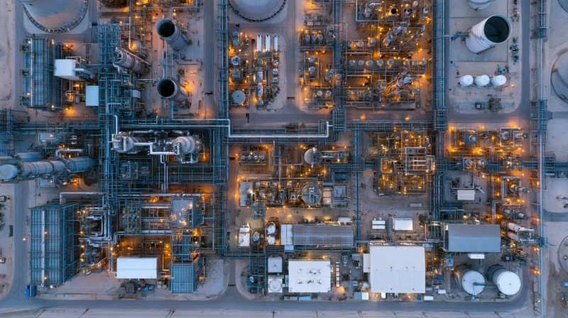 Aerial top-down view of a large petrochemical refinery at night showing interconnected pipelines, storage tanks, and processing units