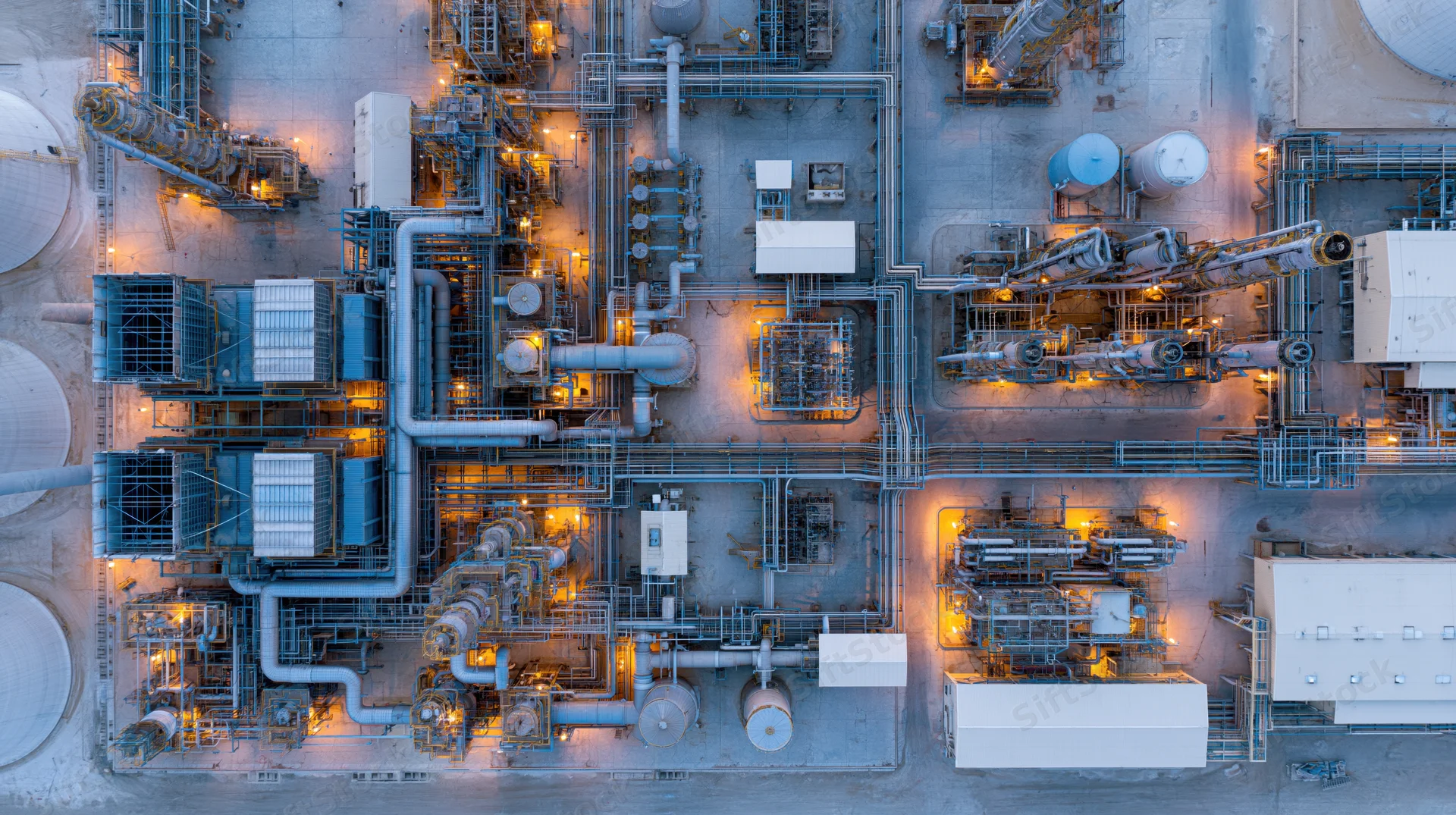 Aerial top-down view of a large industrial petrochemical refinery at night with illuminated pipelines and storage tanks
