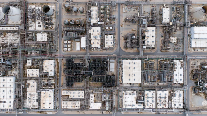 Aerial top-down view of a large petrochemical plant with interconnected tanks, pipes, and buildings