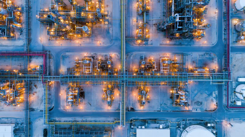 Aerial top-down view of a large petrochemical plant at night with illuminated machinery and pipelines