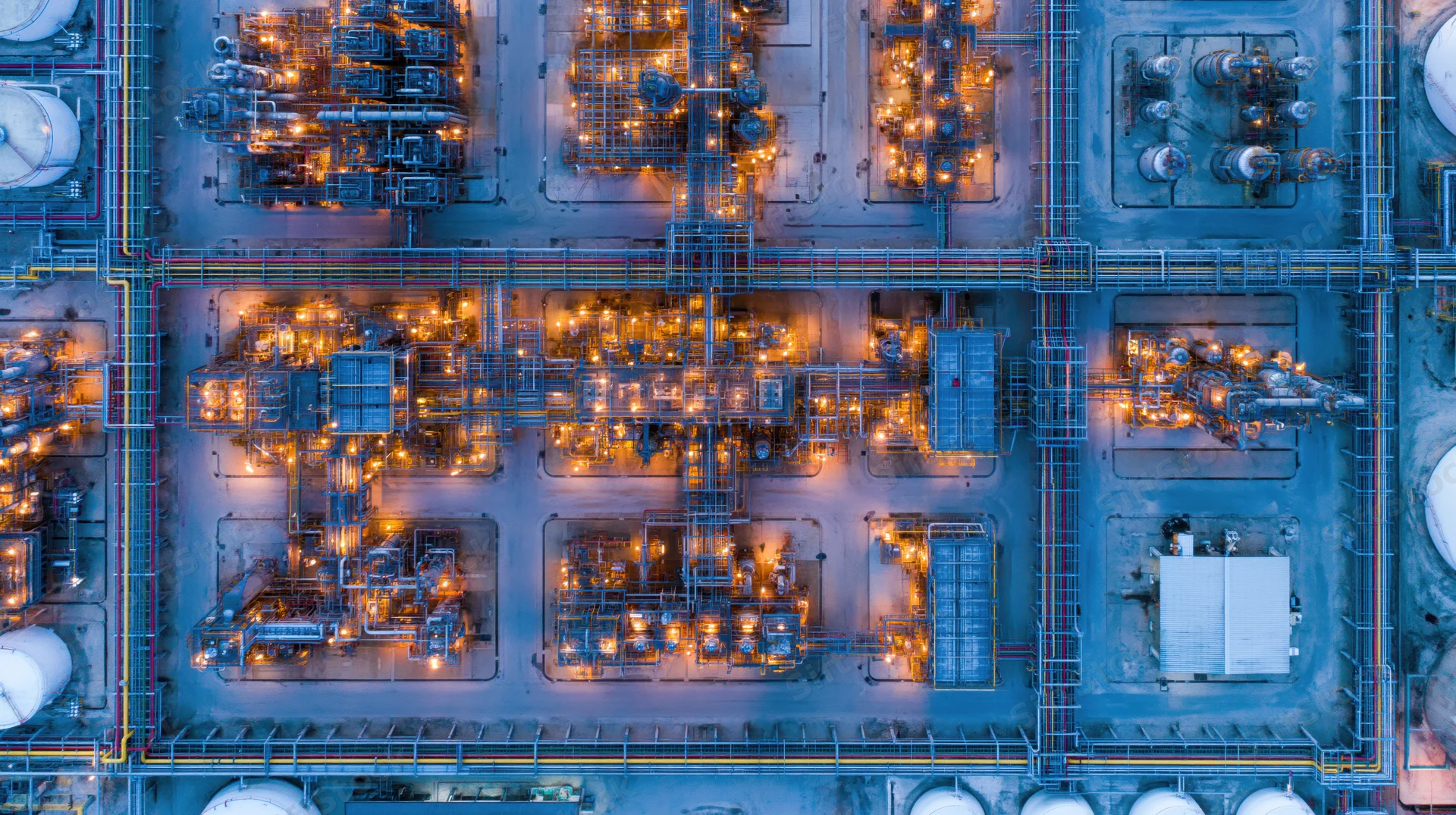 Aerial top-down view of a large petrochemical plant at night with illuminated machinery and storage tanks