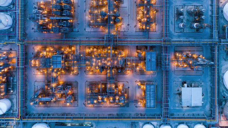 Aerial top-down view of a large petrochemical plant at night with illuminated machinery and storage tanks