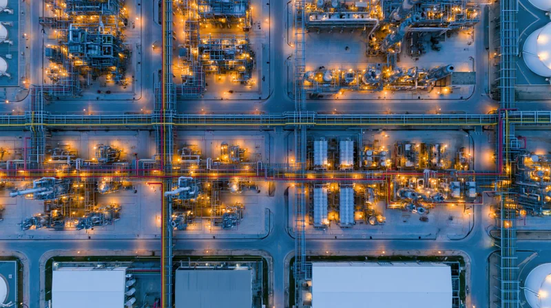 Aerial top-down view of a large industrial petrochemical plant at night with illuminated machinery and pipelines