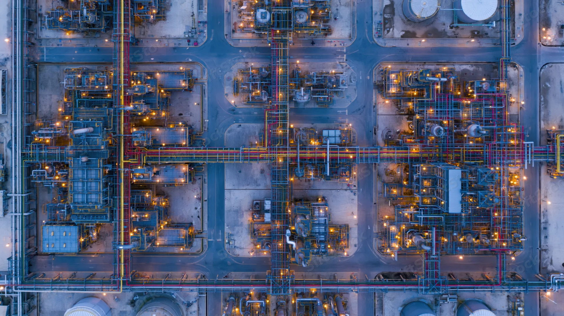Aerial top-down view of a large petrochemical plant at night with illuminated pipelines and storage tanks