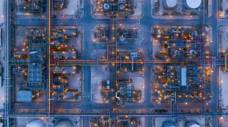 Aerial top-down view of a large petrochemical plant at night with illuminated pipelines and storage tanks