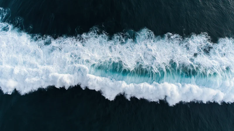 Aerial top-down view of a large ocean wave breaking with white foam and deep blue water