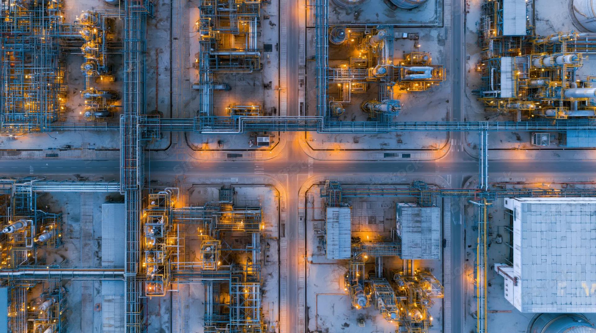 Aerial top-down view of a large oil refinery and petrochemical plant at night with illuminated pipelines and storage tanks