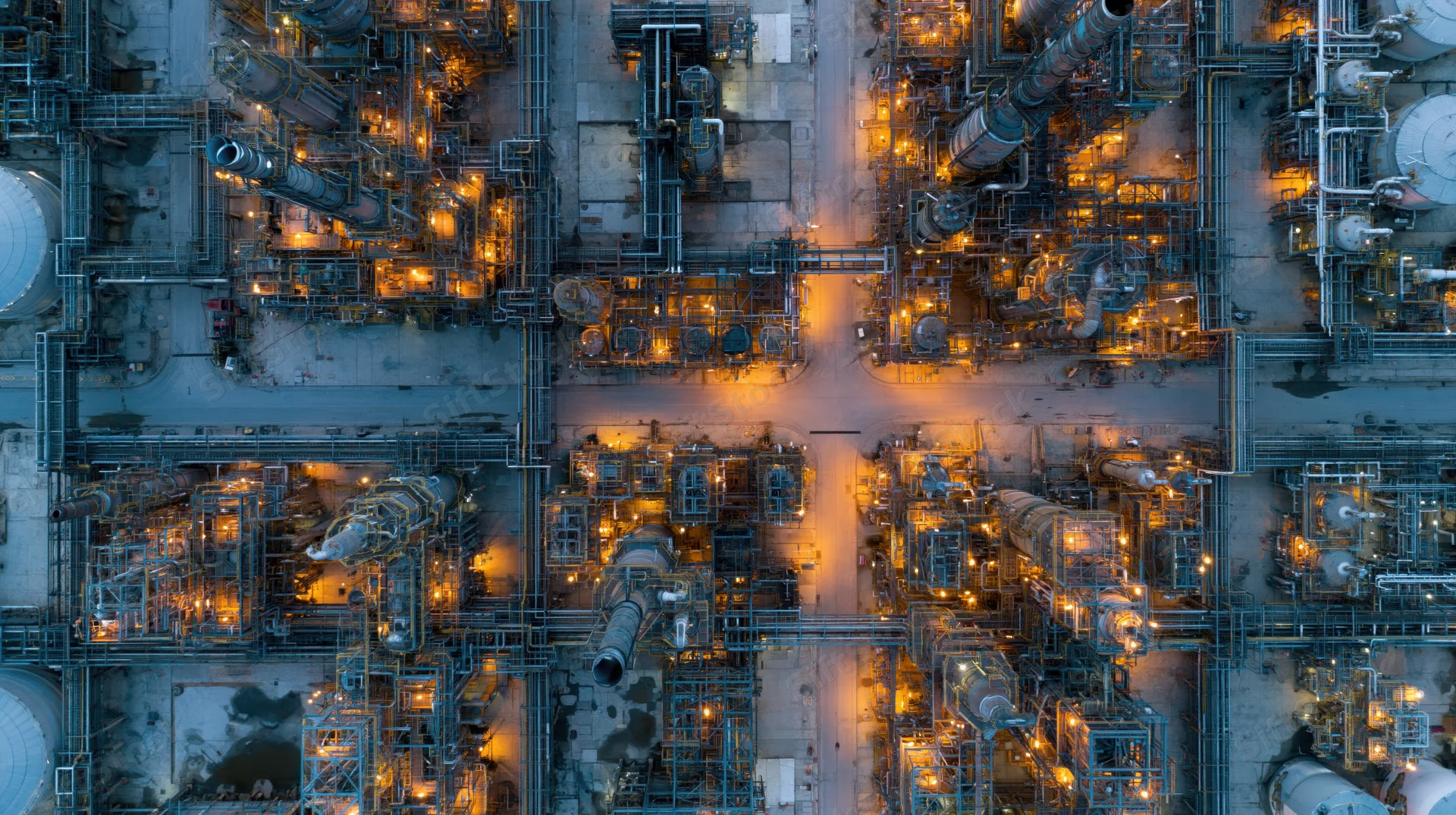 Aerial top-down view of a large oil refinery and petrochemical plant at night