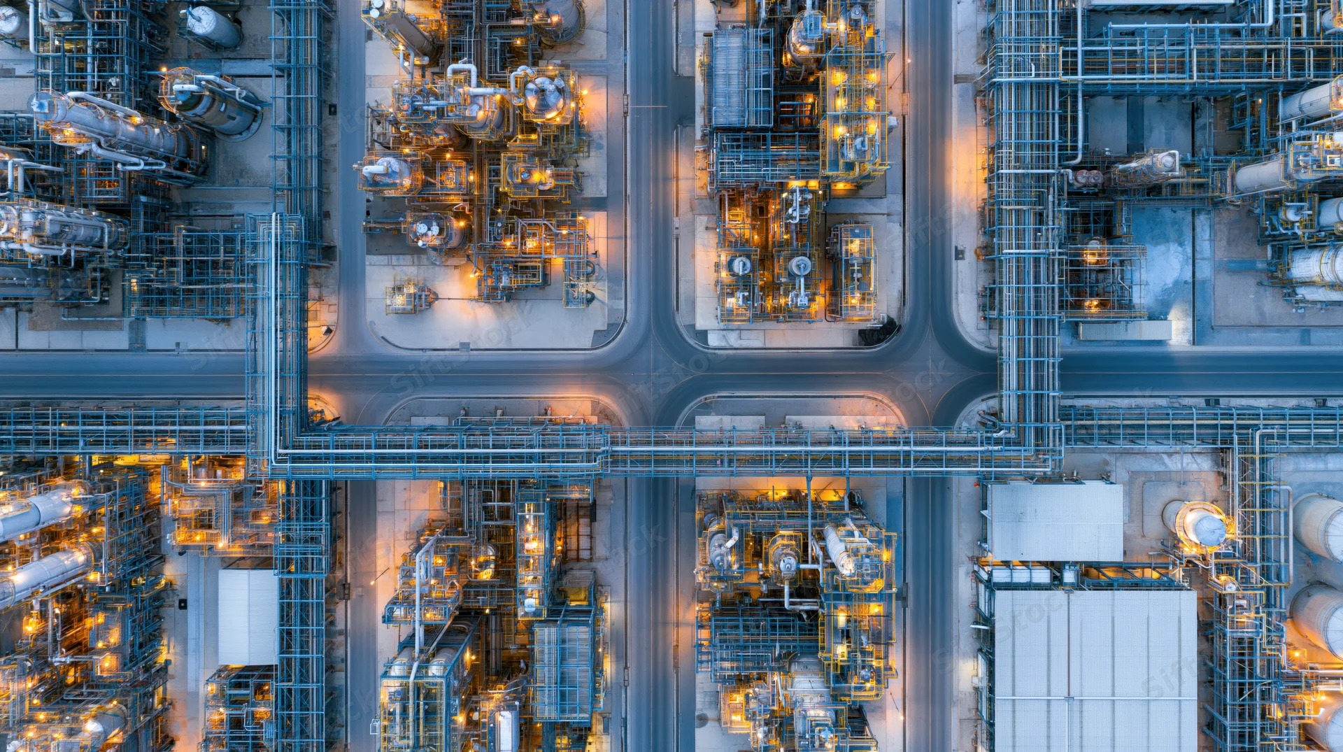 Aerial top-down view of a large oil refinery and petrochemical plant at night