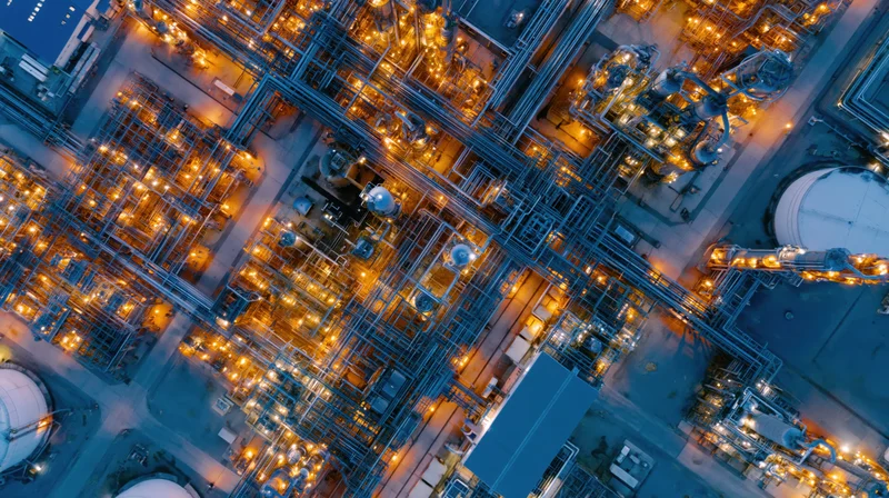 Aerial top-down view of a large oil refinery and petrochemical plant at night with illuminated pipelines and storage tanks