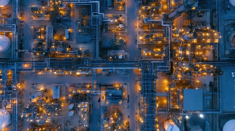 Aerial top-down view of a large oil refinery and petrochemical plant at night with illuminated structures and pipelines
