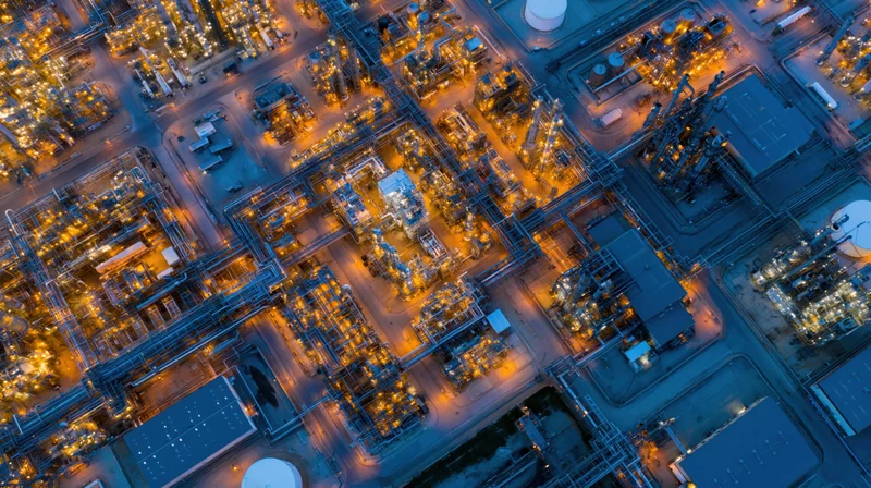 Aerial top-down view of a large oil refinery and petrochemical plant at night