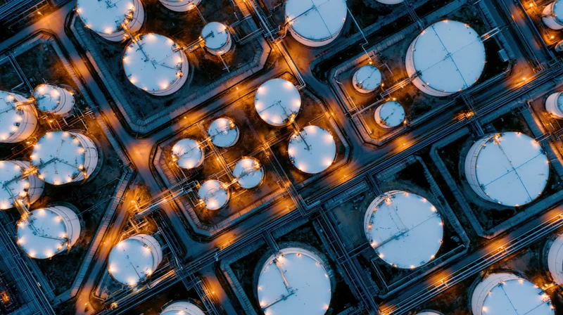 Aerial top-down view of illuminated oil storage tanks in a refinery complex at night