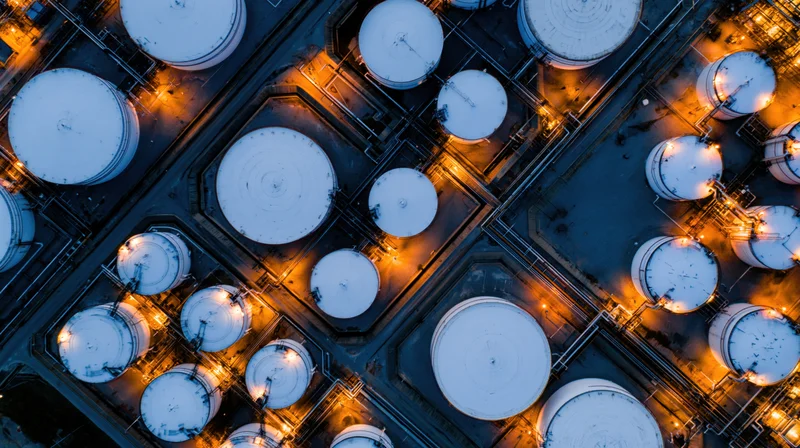 Aerial top-down view of large oil refinery storage tanks at night