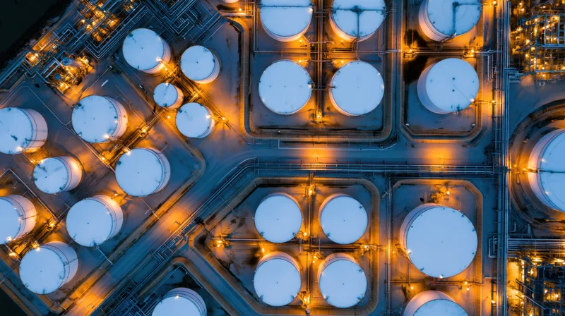 Aerial top-down view of illuminated oil refinery storage tanks at night