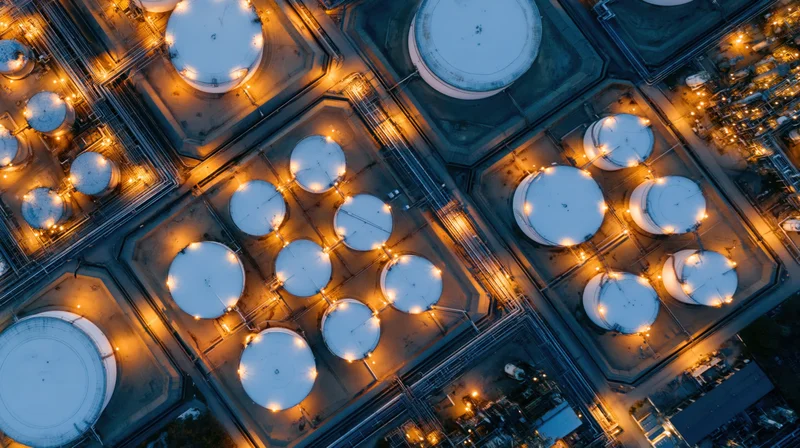 Aerial top-down view of illuminated oil refinery storage tanks at night