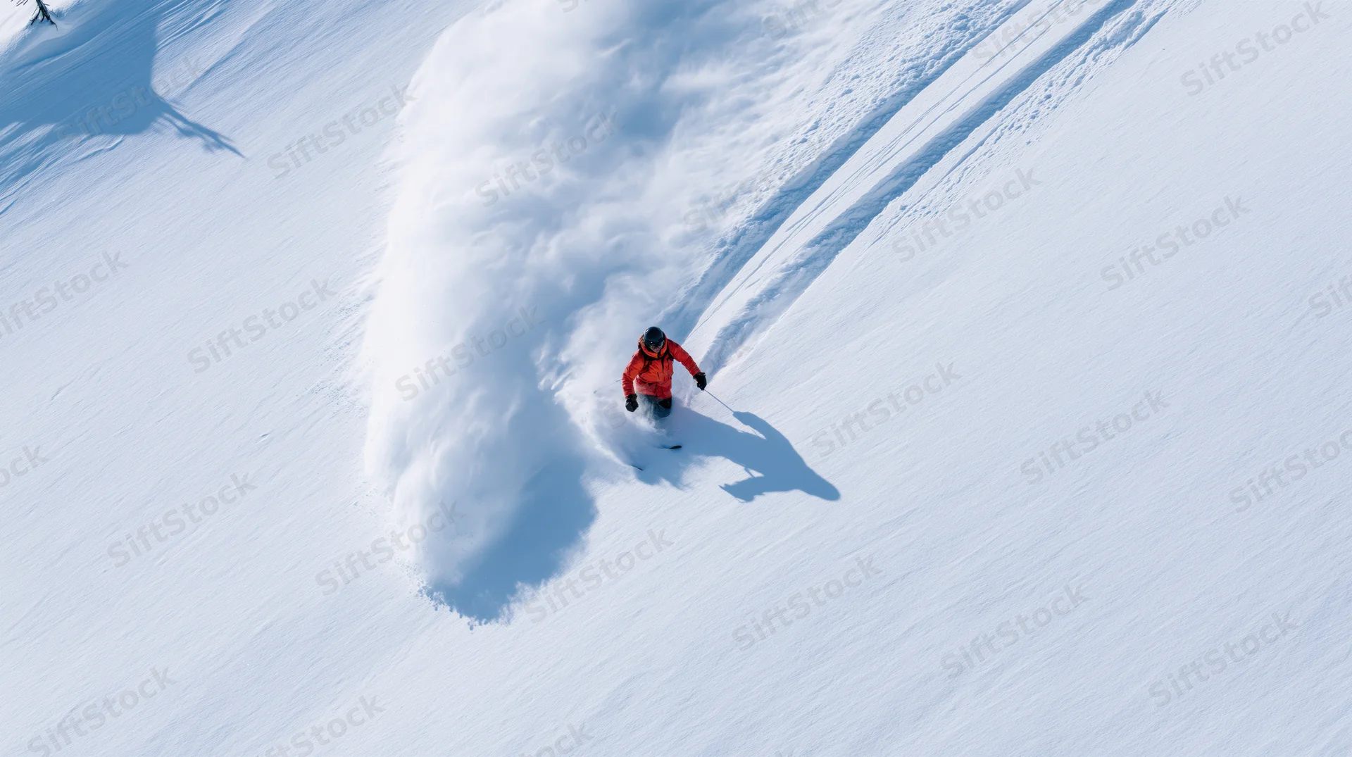 Skier carving through deep powder snow on a mountain slope from an aerial top-down view