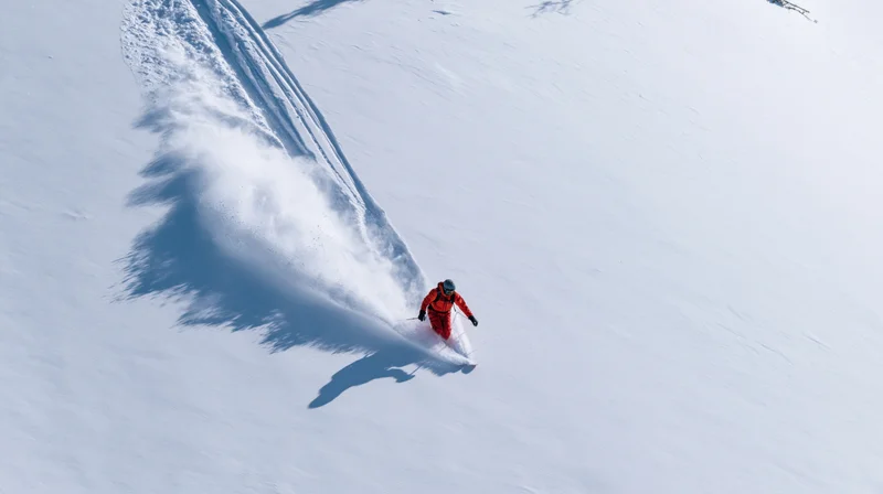 Skier carving through deep powder snow on a mountain slope from an aerial view