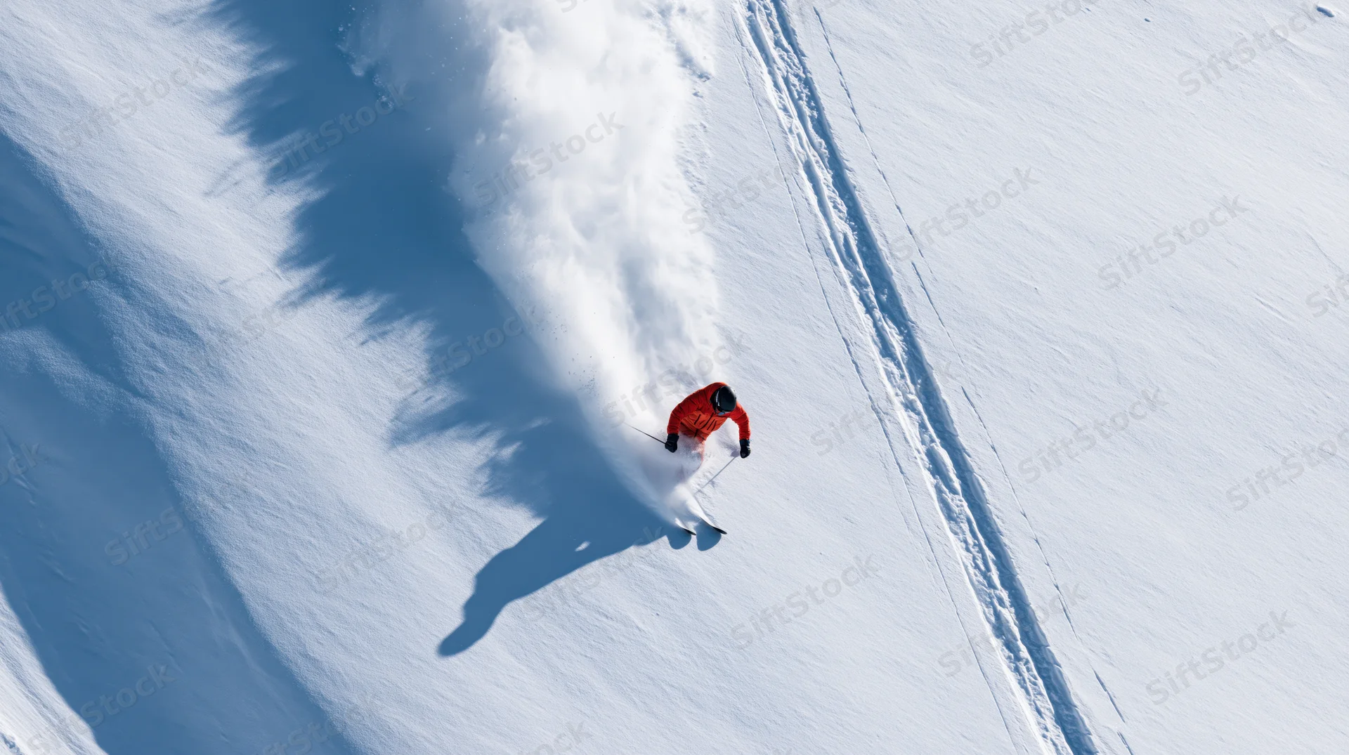 Skier carving through deep powder on a snowy mountain slope from an aerial top-down view