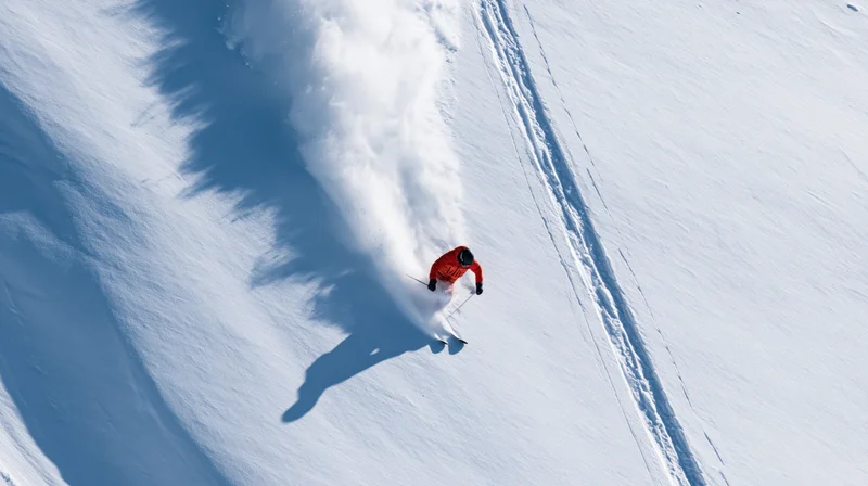 Skier carving through deep powder on a snowy mountain slope from an aerial top-down view