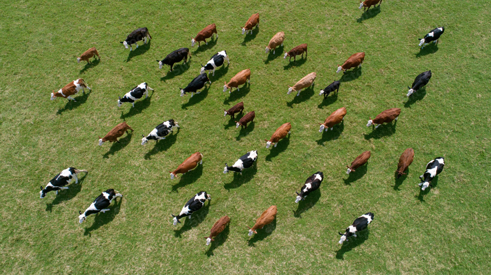 Aerial top-down view of a mixed herd of cattle grazing in a green pasture